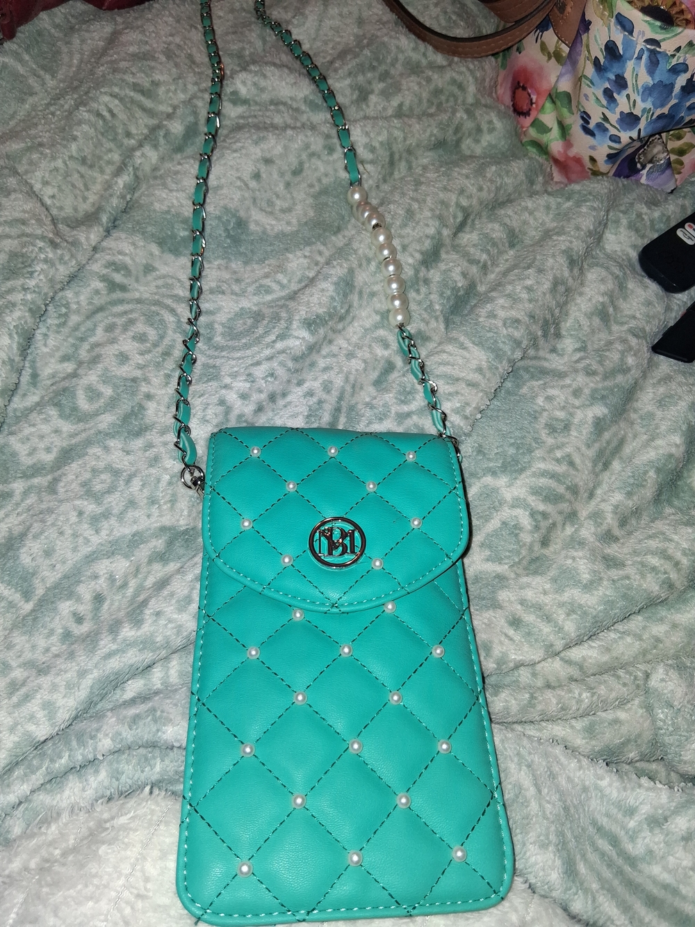 Badgley Quilted Teal Crossbody Phone Bag with Pearl Accents